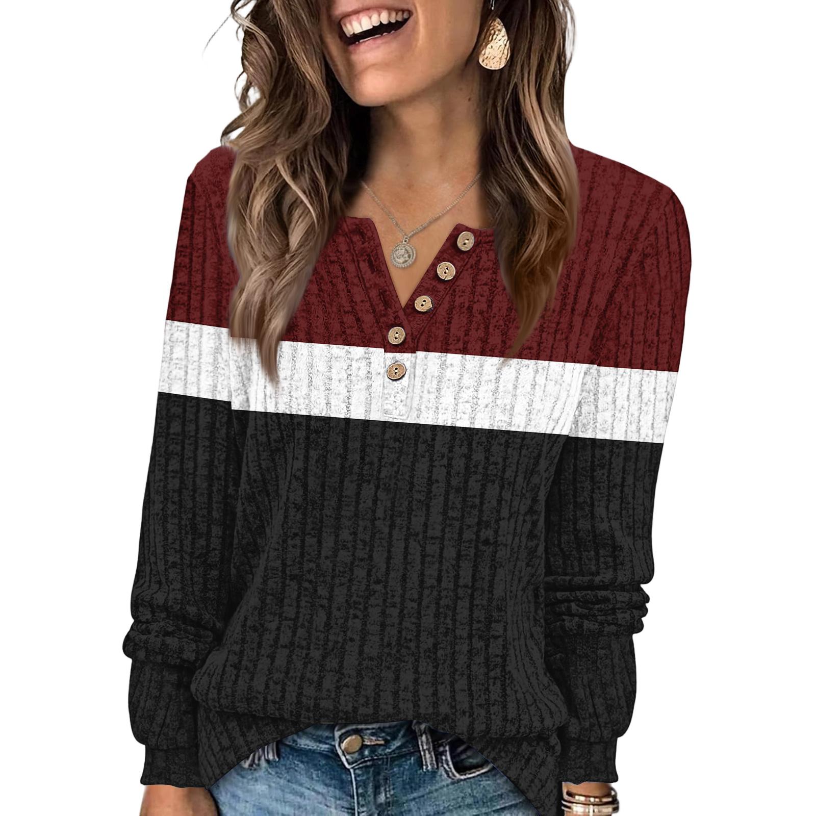 

Women s Fashion V-Neck Button-Front T-Shirt With Striped Patchwork Print Long-Sleeved Top L винный