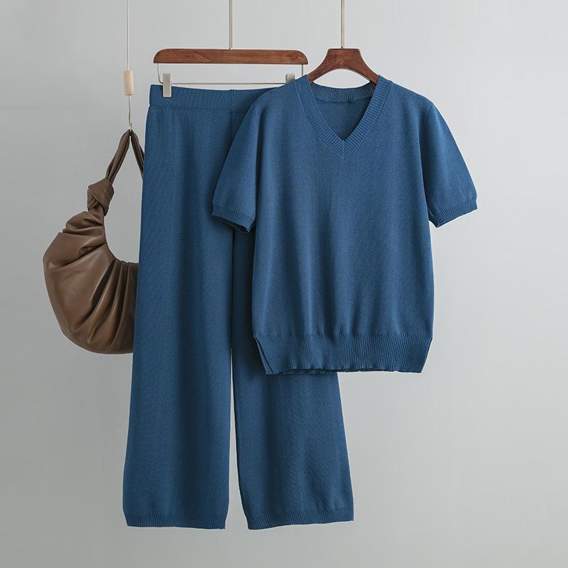 Fashion suit women's collar loose split knitted sweater top two-piece set high waist waist drape straight casual trousers