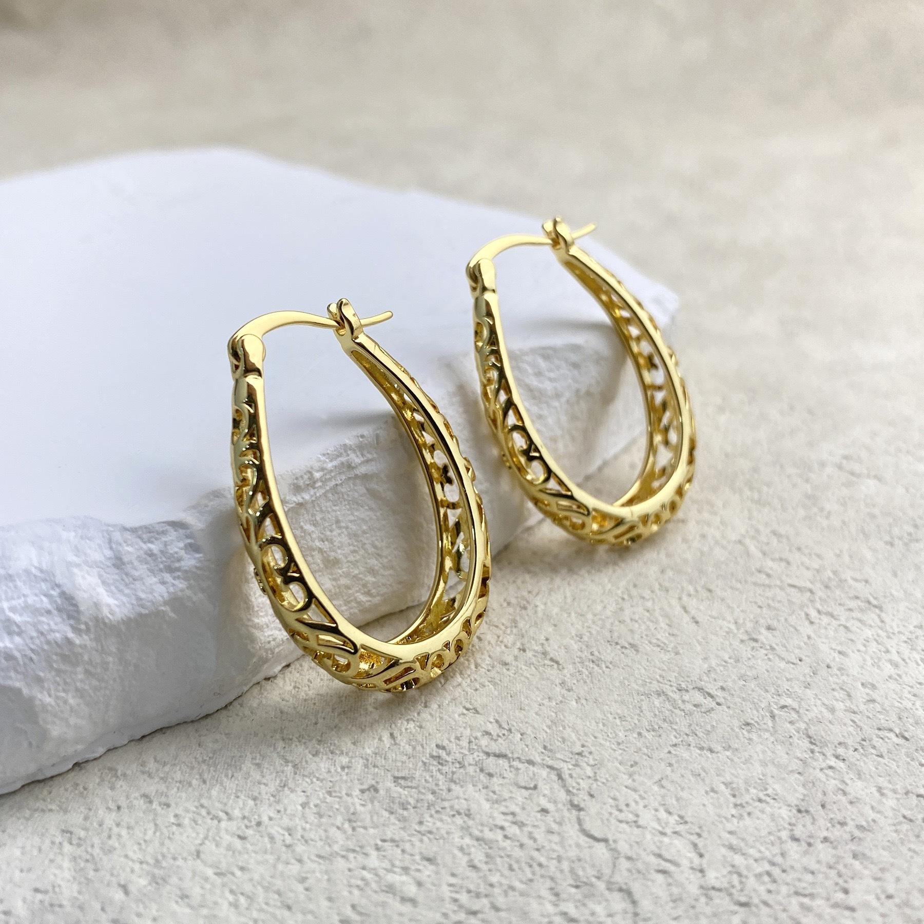 S925 Silver Post Vintage U Shaped Hollow Out Filigree Ear Cuff Earrings For Women Elegant Jewelry Gift золотой