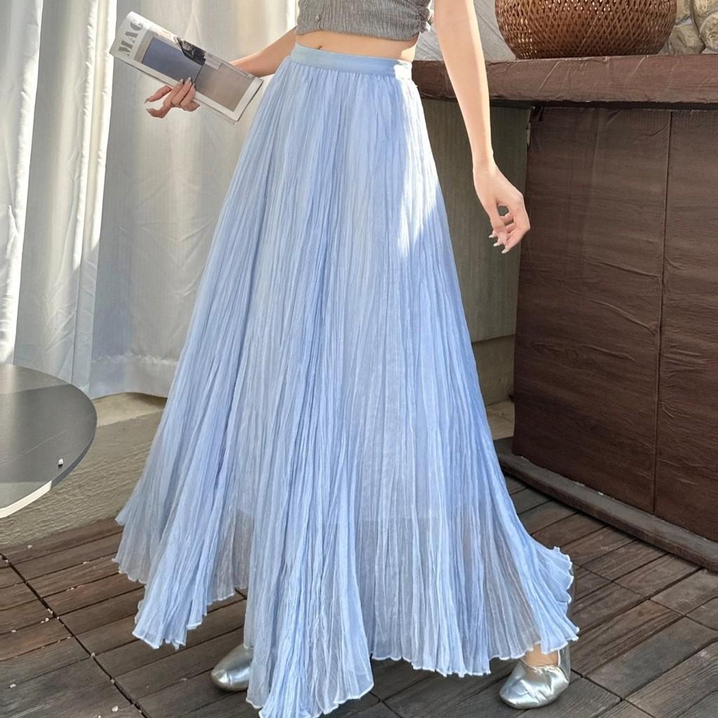 Qooth Blue Pleated Asymmetric Skirt High-Waisted A-Line Midi  Slimming QT2870 синий