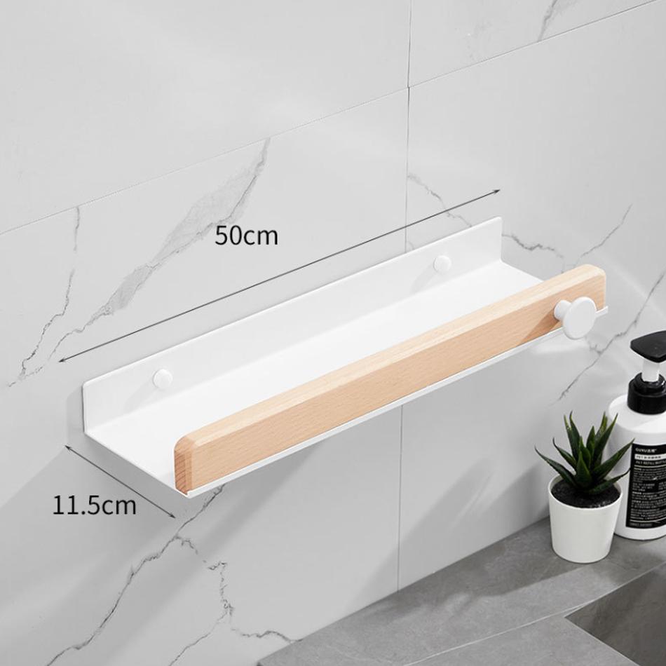 White Bathroom Shelf with Towel Bar Wood Aluminum Wall Mounted Lavatory Bath Shower Shampoo Soap Storage Holder Organizer Rack
