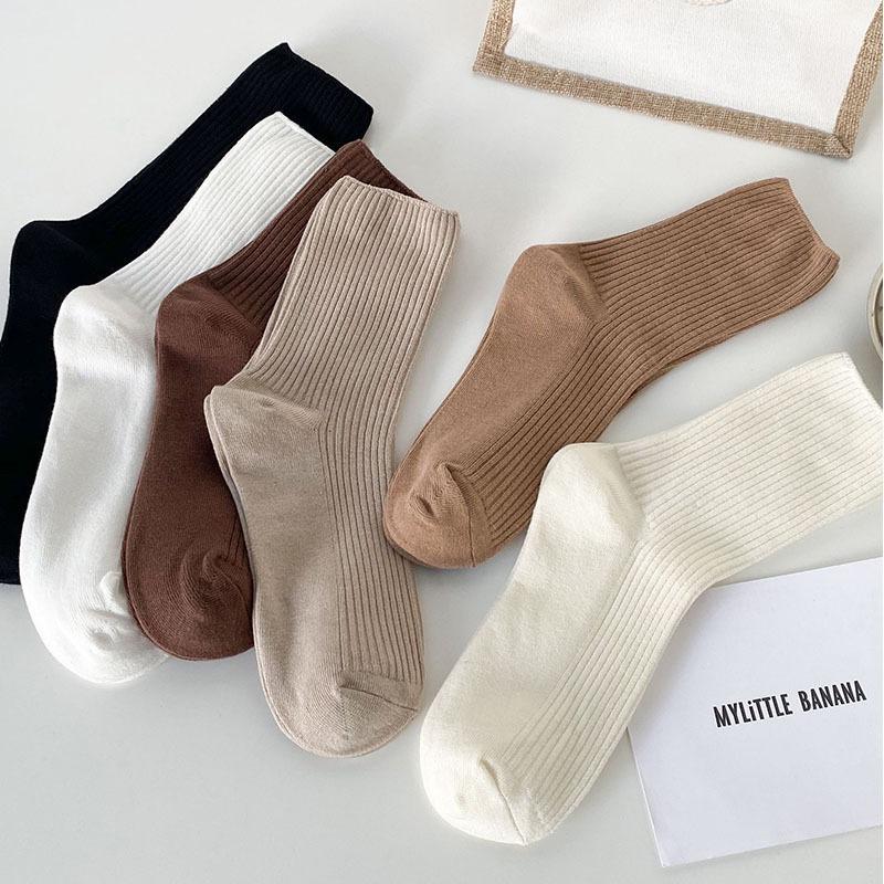 Women's Mid-Tube Solid Color Socks for Spring and Autumn - Korean Style All-Match Design