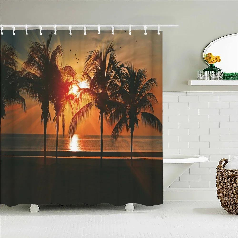 Sunlight Ocean Beach Fabric Shower Curtain Bathroom Curtains Sunset Dusk Sea Animal Dolphin Bath Screen with 12 Hooks 300x180