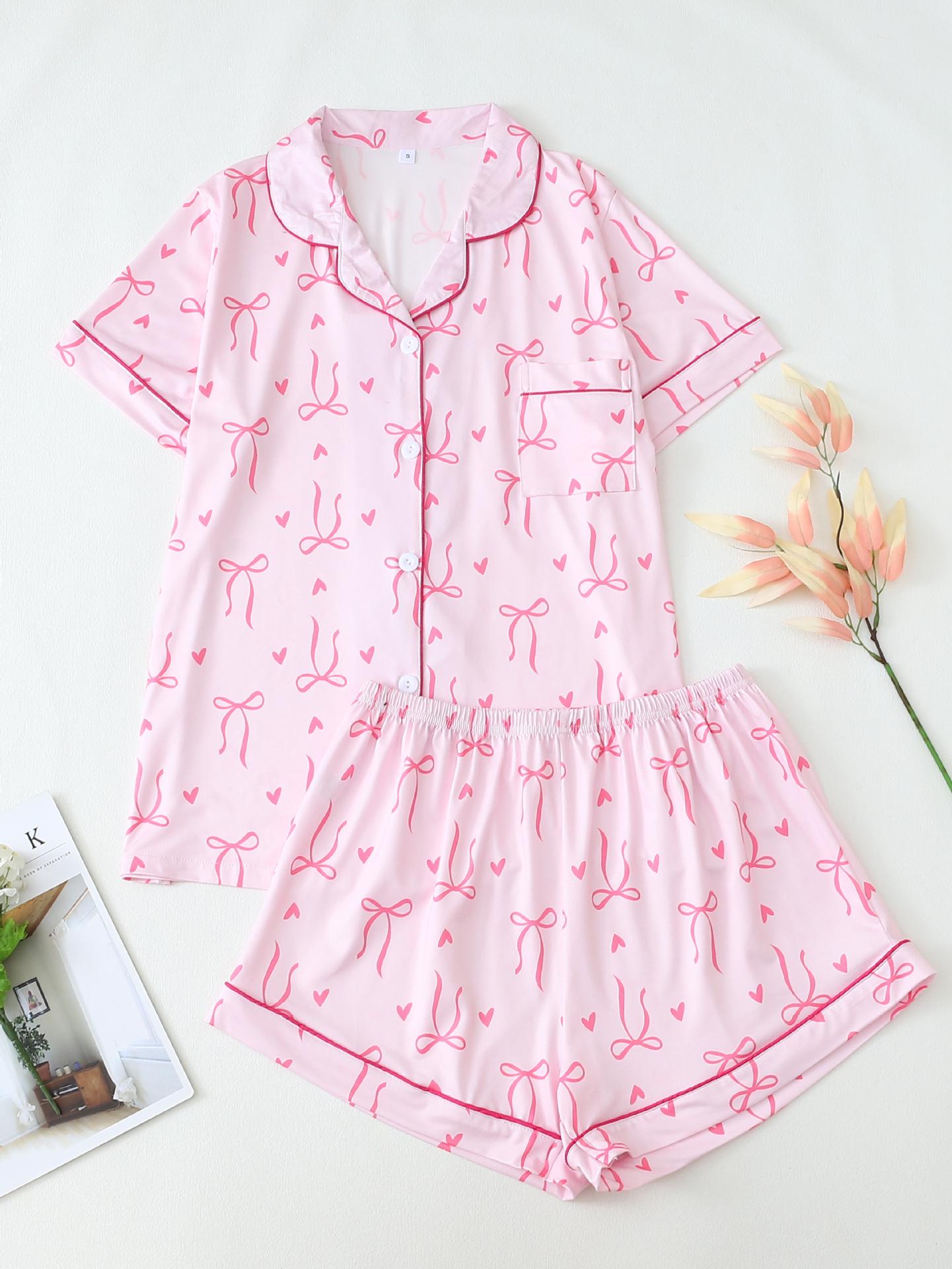 European-American Cross-Border Bow Heart Short Sleeve Pajama Set Small