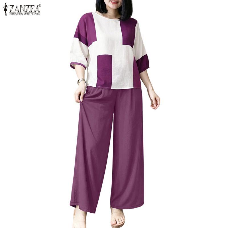 ZANZEA Women 3/4 Sleeve Print Blouse and Pants Casual Two Piece Suit Sets