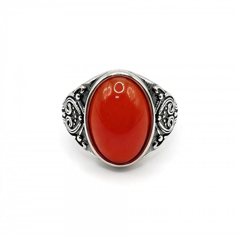 Adjustable Open Ring Women Men Copper Vintage Style Heart Oval Geometric Red Agate Statement Jewelry