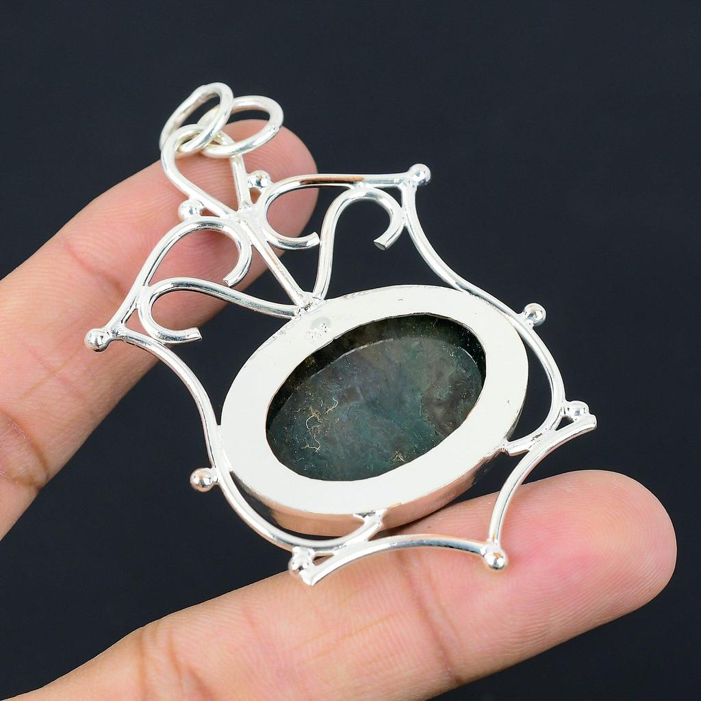 Solar Moss Agate Gemstone Sister Art Deco Pendant Jewelry 925 Sterling Silver