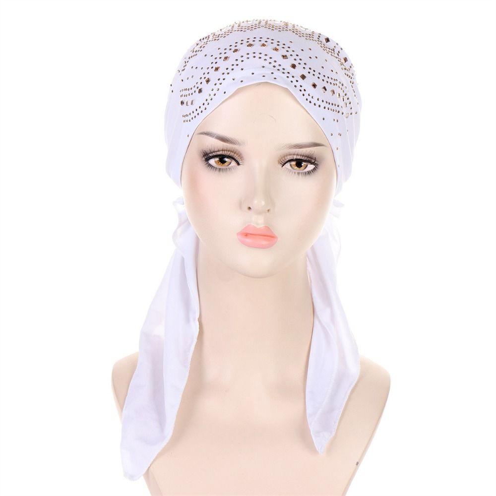 Thin Summer Muslim Headscarf Hat Solid Color Rhinestone Hijab Caps  Ramadan