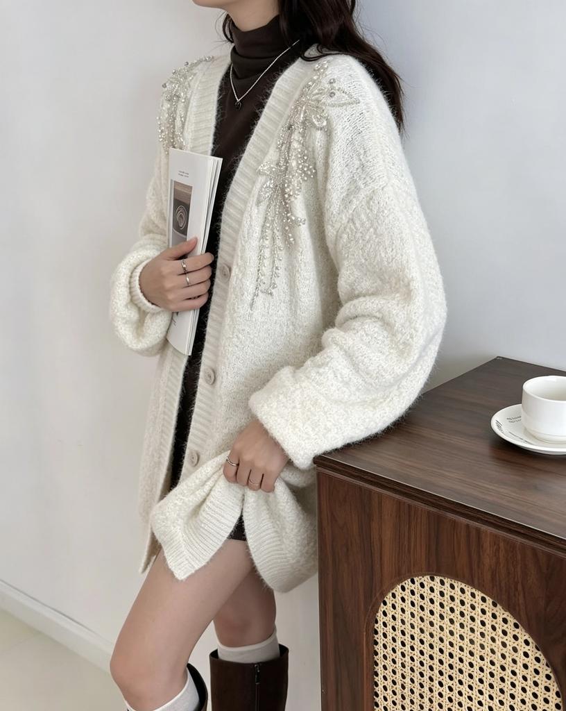 New Heavy Industry Sequins Single-breasted V-neck Lantern Sleeves Large Size Lazy Wind Sweater Cardigan Knitted Top Women