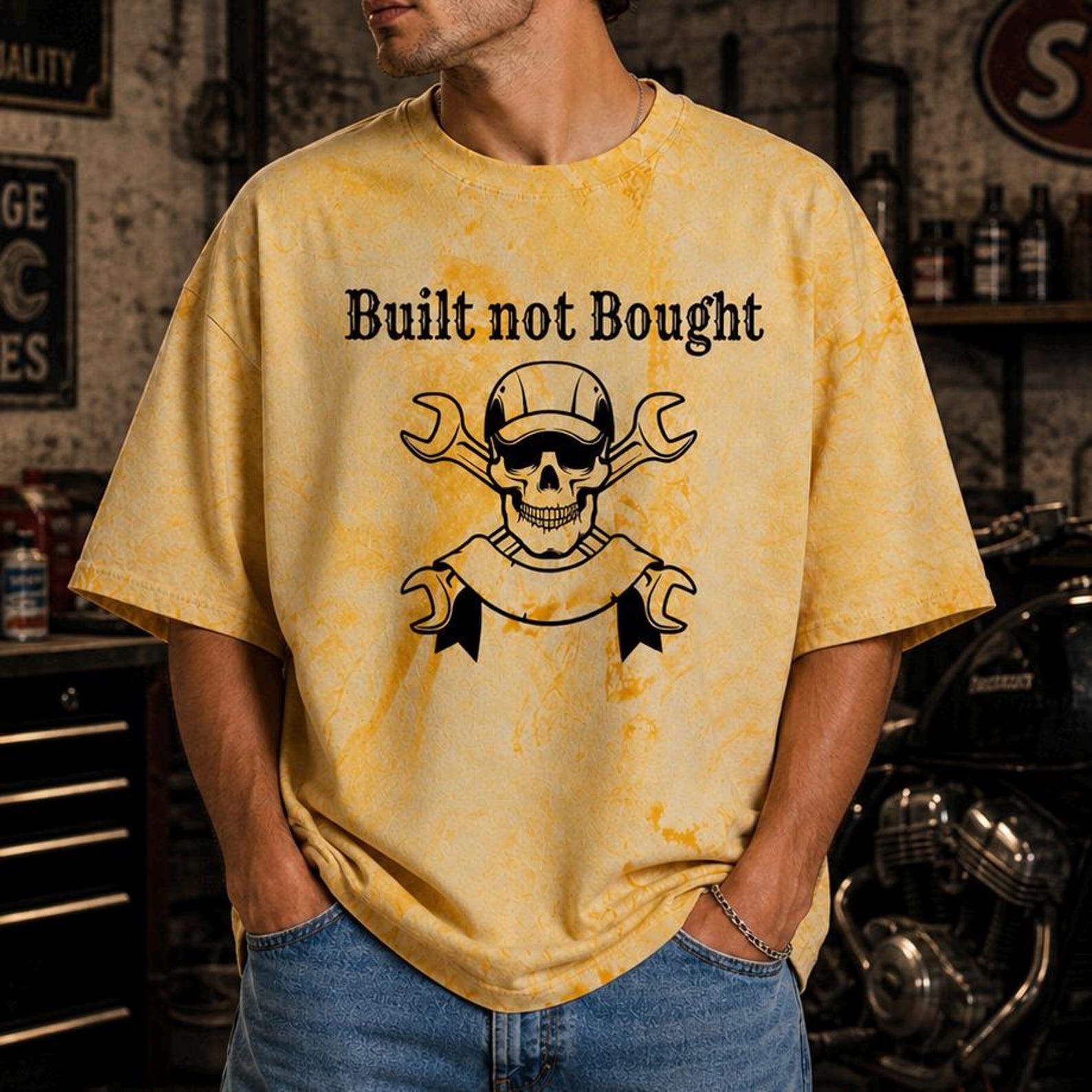 Built Not Bought Acid Wash Shirt, Car Guy Mechanic T-Shirt, Garage Gearhead Tee, Auto Enthusiast Gift, Biker Skull Wrench Shirt 3XL