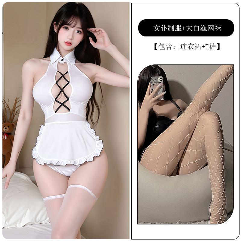 Sexy lingerie sexy sweet beautiful woman servant temptation bare chest buttocks pure desire wind bed without uniform