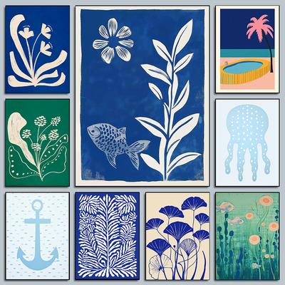 Minimalist Sea Nautical Blue Fish Posters Modern Botanicals Blue Plants Prints Canvas Painting Wall Art Pictures Home Room Decor