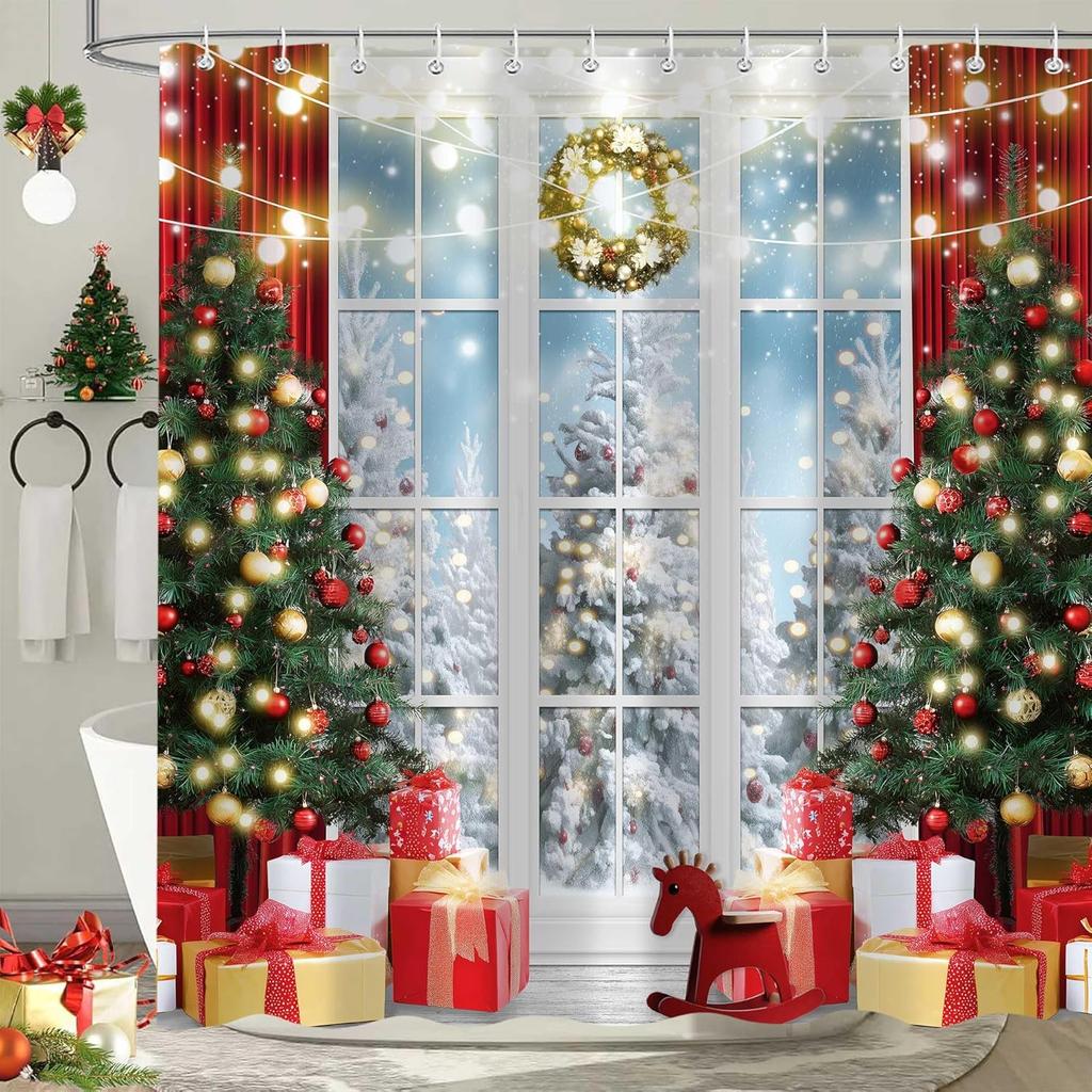 Christmas Shower Curtain Holiday Tree Gifts Window Scene Festive Decor Lights Wreath Bath Decor Waterproof Fabric 150X210