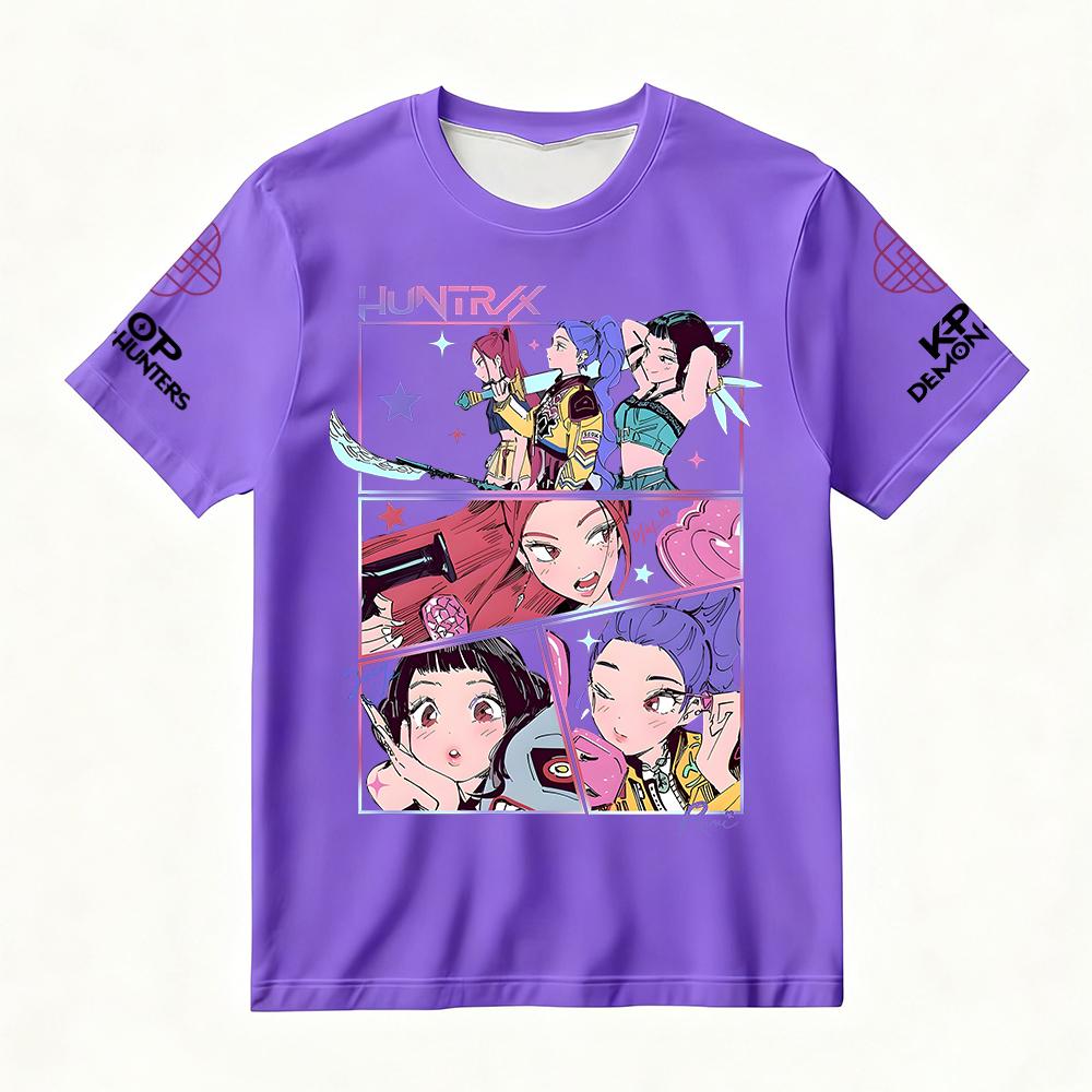 Women's Summer KPop Demon Hunters Graphic T-Shirt HUNTRX Comic Style Character Printed Top for Fashion Streetwear Casual Daily