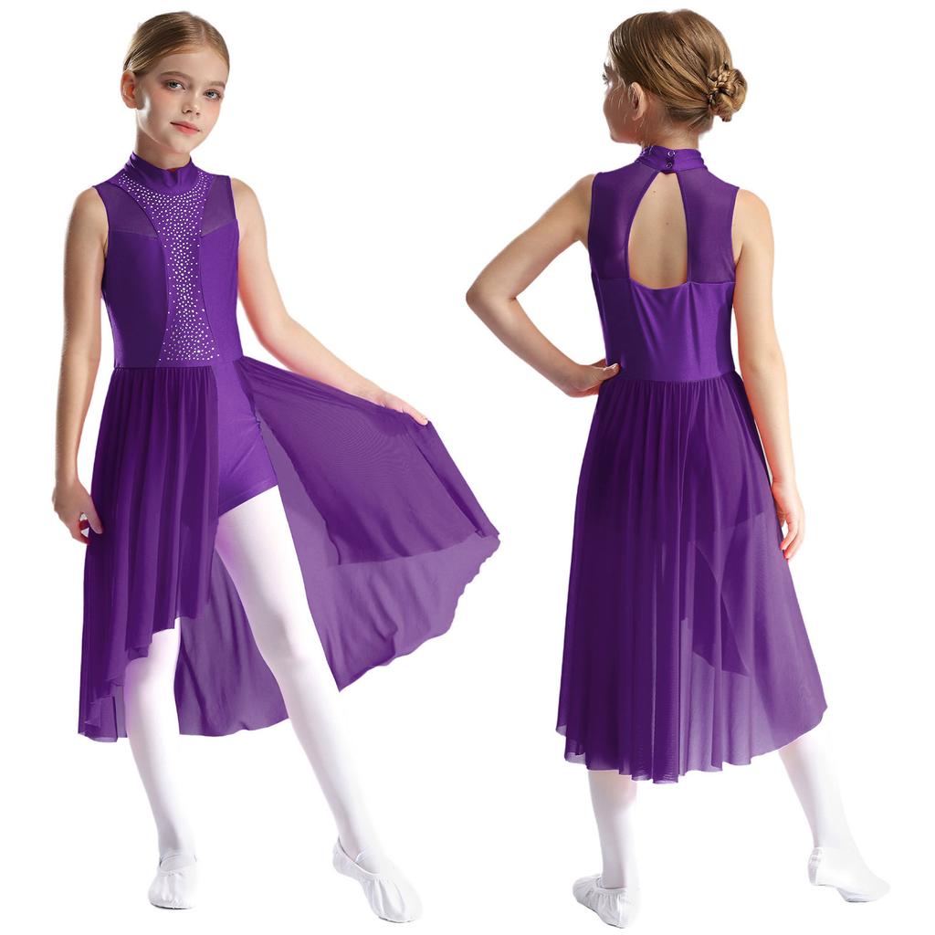 Girls Lyrical Dance Dress Figure Skating Costume Sparkly Rhinestone Ballet Dancewear Sleeveless Mock Neck Asymmetrical Hem Dress