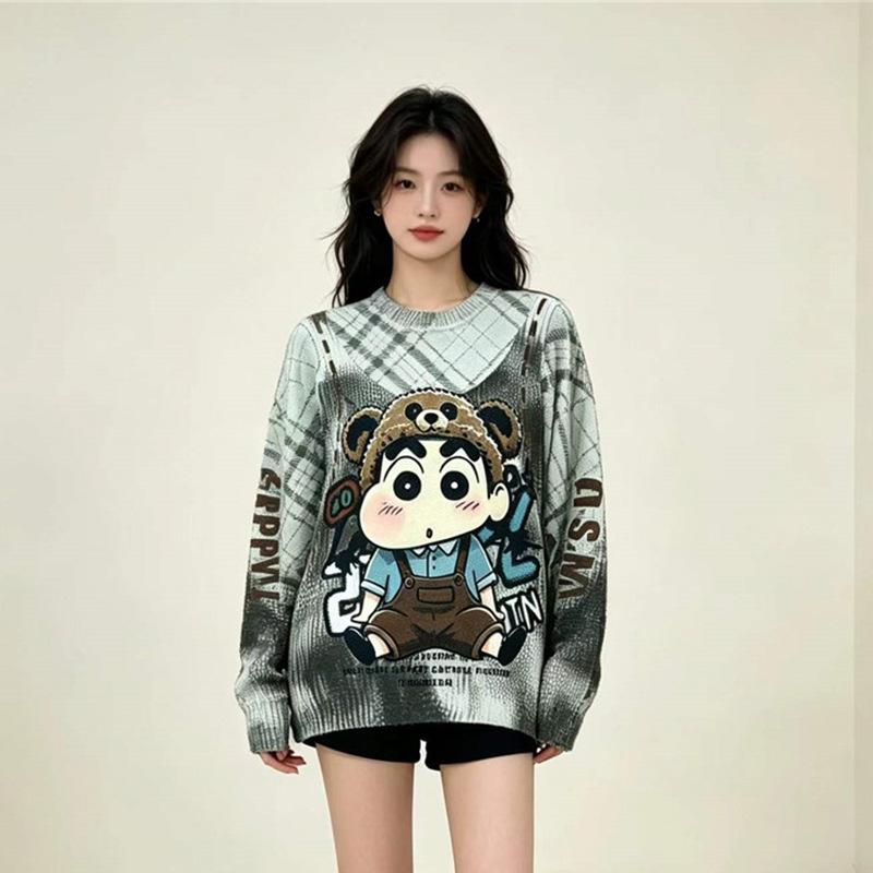 Retro Cartoon Print Loose Sweater - Women's Plus Size Autumn/Winter Knitwear