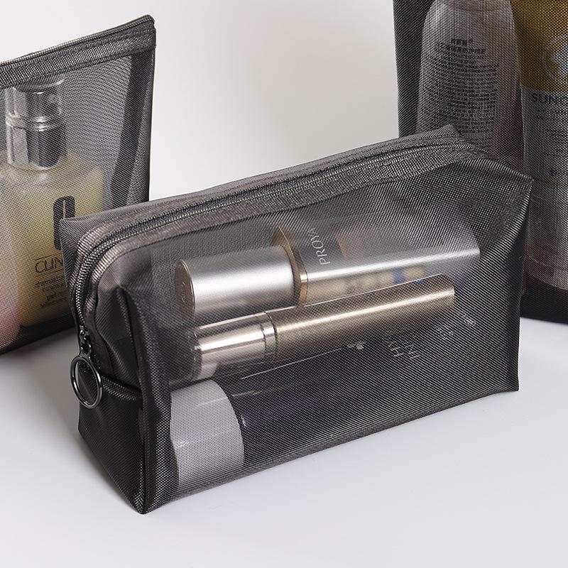Thick Black Nylon Mesh Makeup Bag: Portable Women's Skincare and Lipstick Organizer