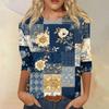 Women's Fashion Casual Round Neck Three-quarter Sleeve Retro Floral Print T-shirt Top
