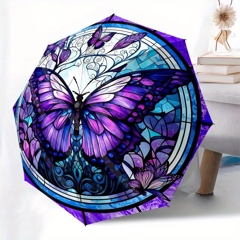Butterfly Stained Glass Automatic Folding Umbrella 8 Ribs, Durable Iron Frame, Bright Color Pattern Compact Travel Umbrella, Suitable for O