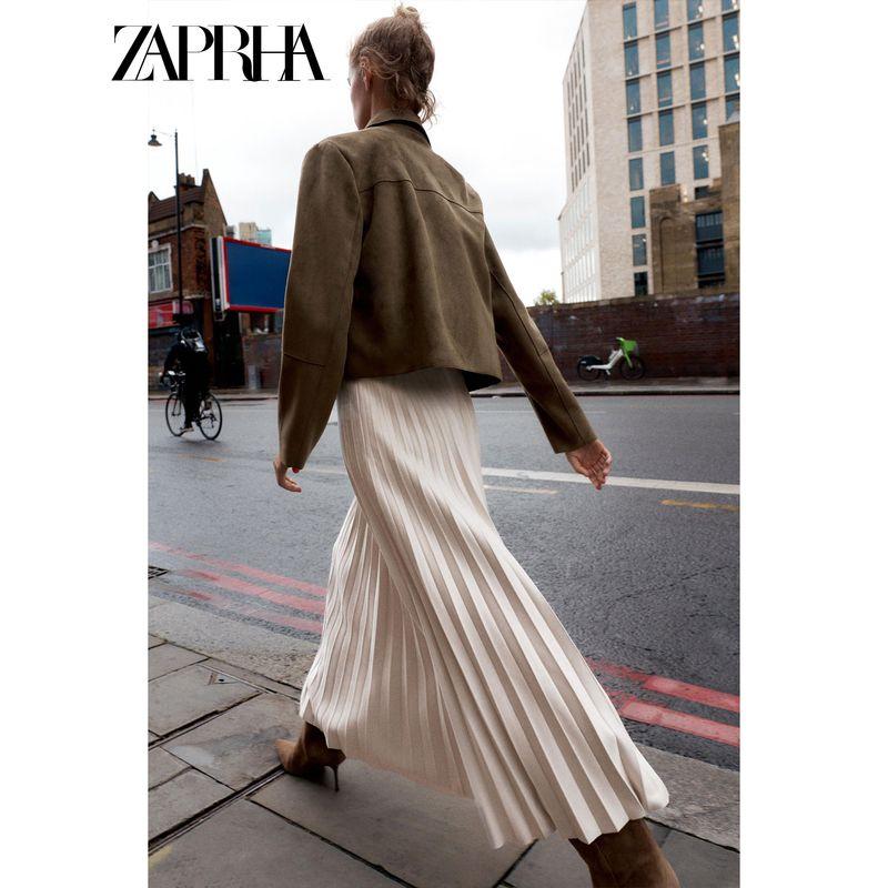 Zaprha 2025 Autumn New With Belt Suede Effect Pleated Midi Skirt High Sense 3046252