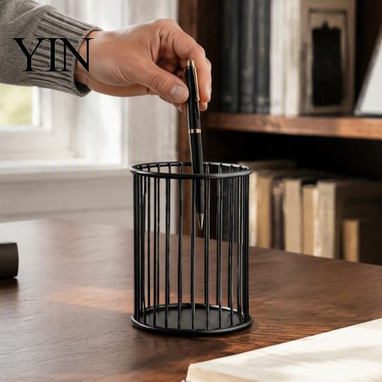 Office Supplies Storage Organizer Pen Holder/Storage Basket, Hollow Grid Iron Tube, Minimalist Metal Wire Basket Durable Pencil for Stationery