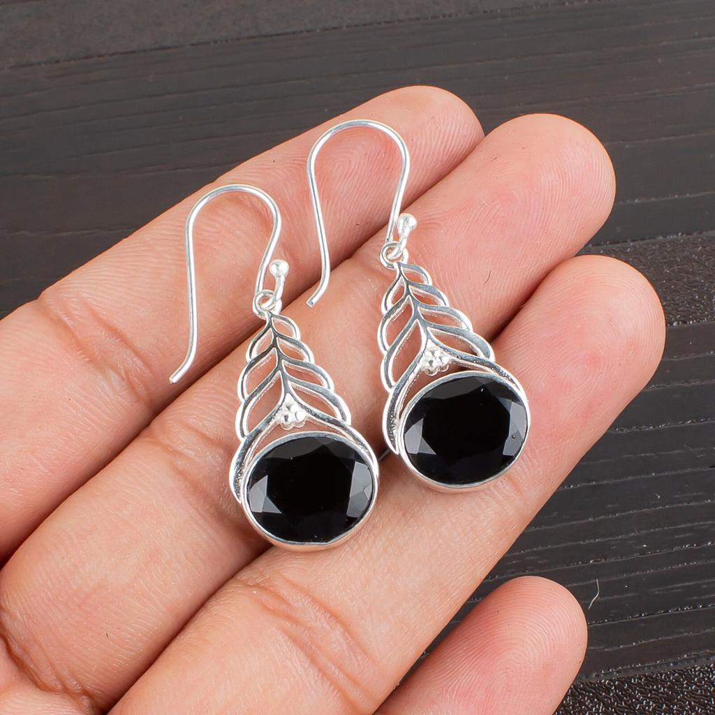 Piatră prețioasă Onix Negru Argint Sterling 925 Bijuterii Cădere/Atârnare Cercei Boho 1.64" CE-1-17