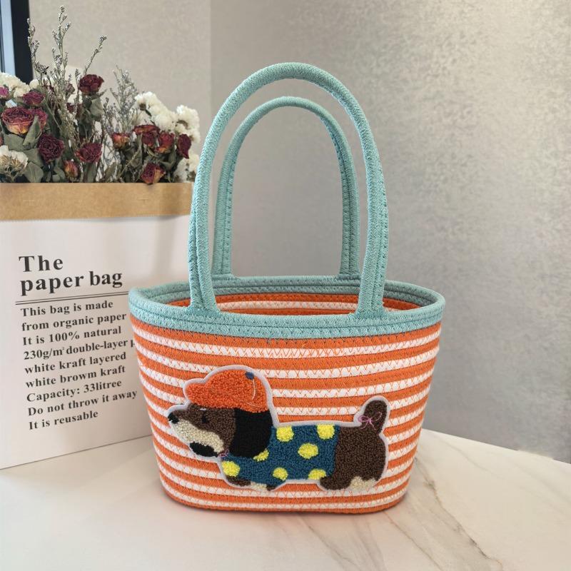 Dachshund Woven Bag Bucket Bag Tide Contrasting Color Cotton Rope Woven Puppy Shoulder Bag Large Capacity Tote Bag Gift