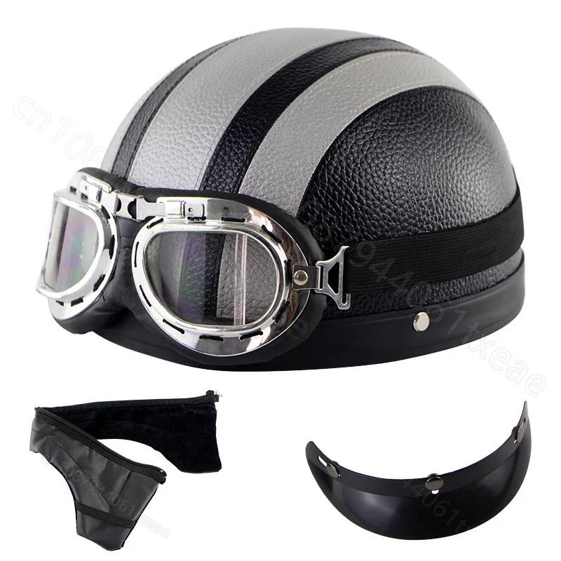 Motorcycle Leather Helmet Retro Personalized Summer Helmet Four Seasons Fashion Half Helmet Windproof Gift Mirror