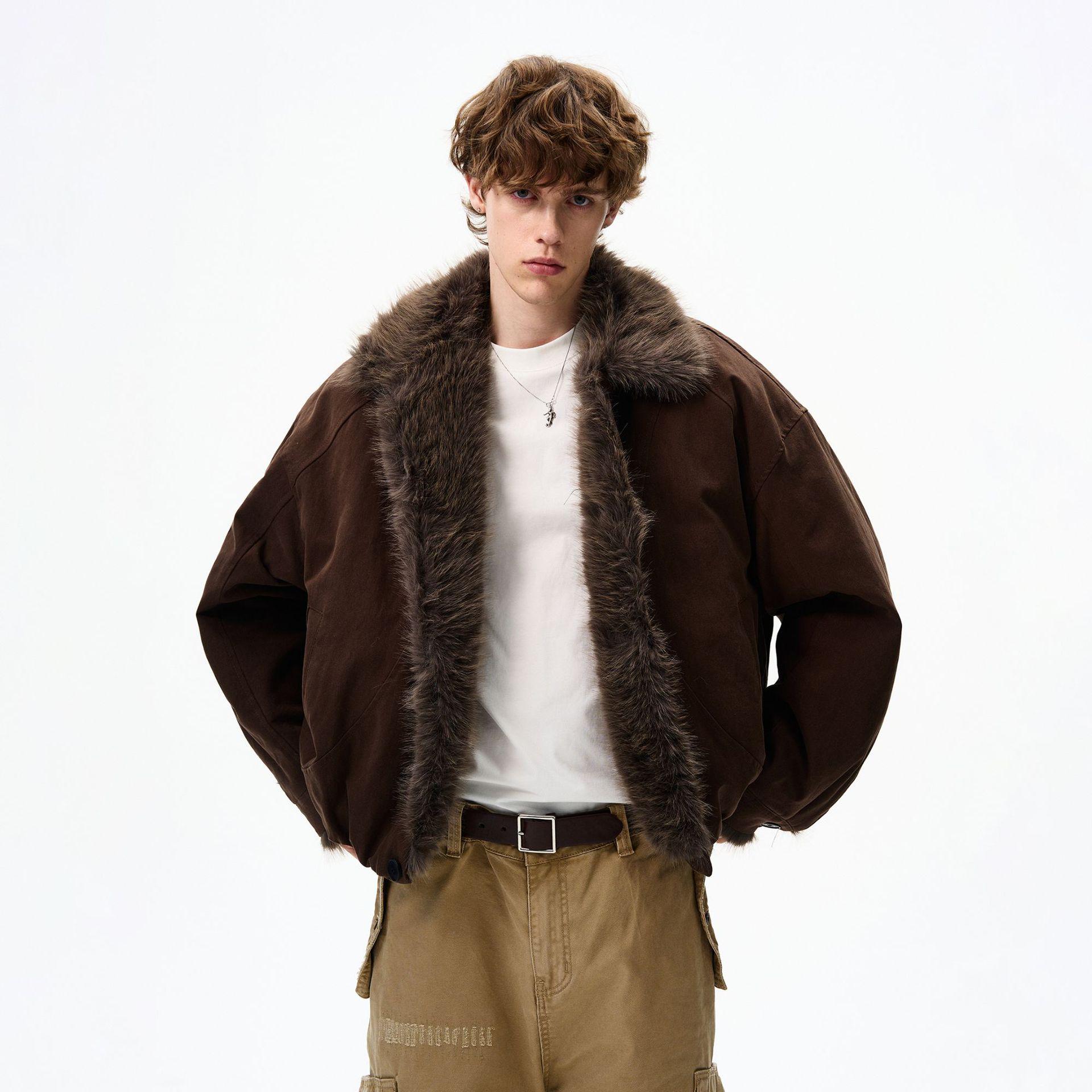 

Men s Winter Retro Cotton Jacket with Fur Collar - Thick, Warm, Short, Versatile, Golden Eagle Design. L (110-130 lbs) коричневий