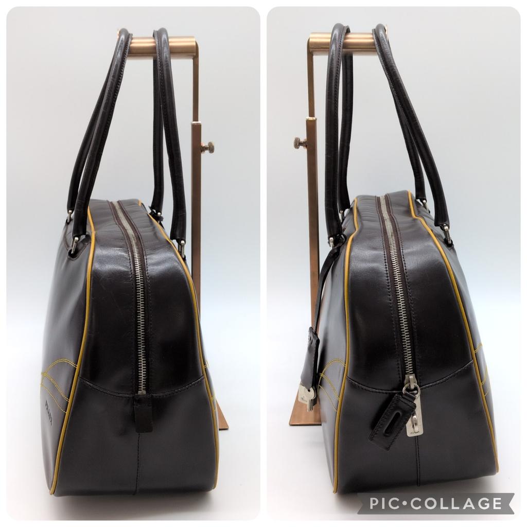Prada 2000 FW Archive Y2K 2000 1990s 00s Bowling Bag Mini Boston Handbag Chocolate Brown Mustard Yellow Stitching Genuine Leather
