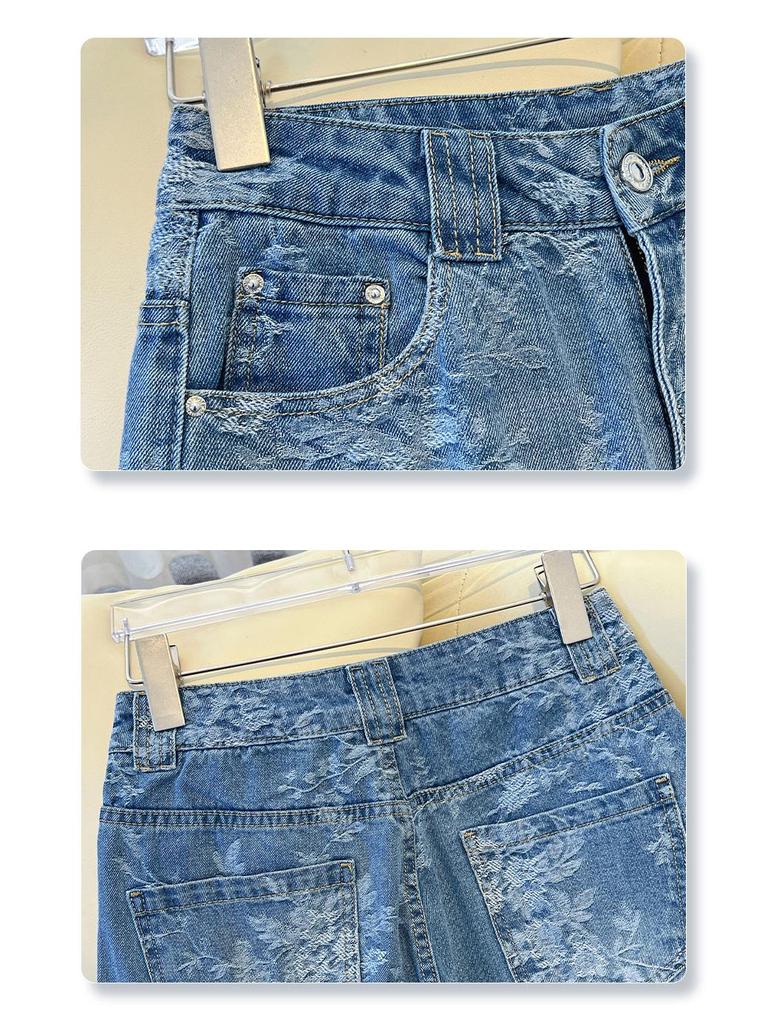 Women's High Waist Retro Blue Jacquard Straight Leg Jeans - 2025 Autumn Collection
