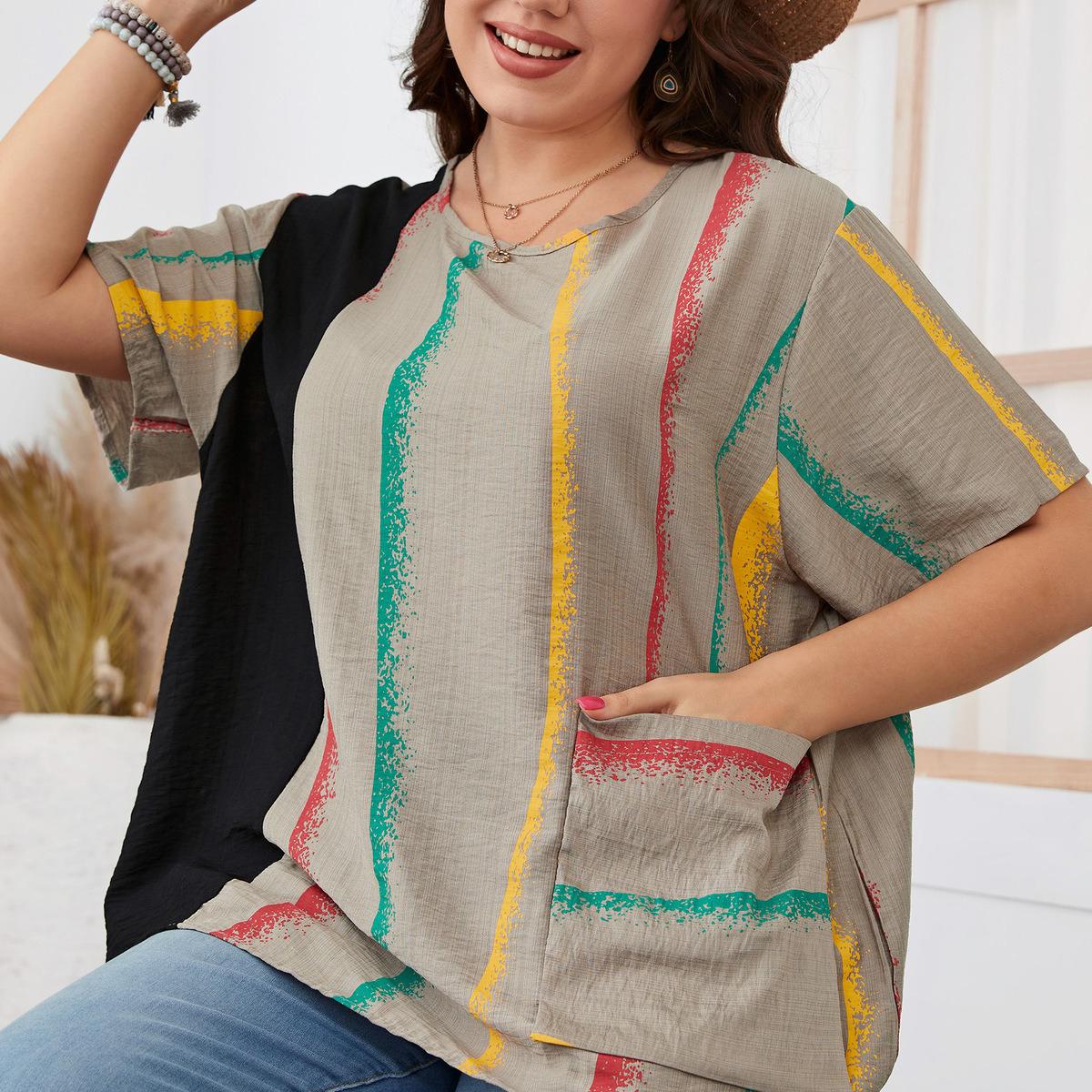 Женская летняя модная рубашка в полоску с принтом в стиле пэчворк и карманами — фото 7