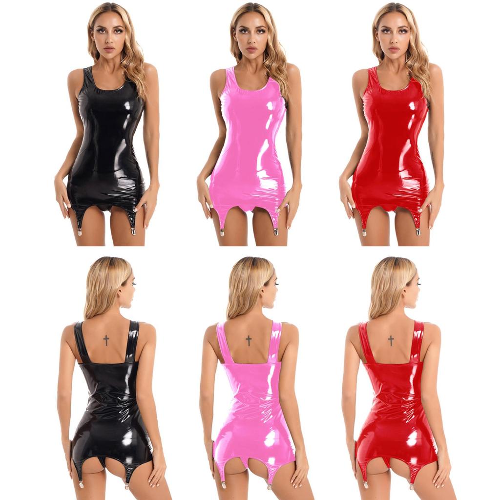 Dress with Garter Belt Women Sleeveless Patent Leather Mini Dress Bodycon Pencil Clubwear