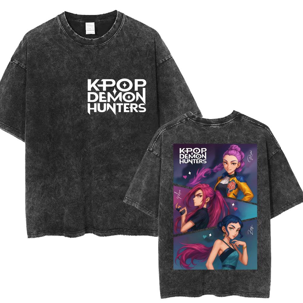 Women Washed Kpop Anime Demon Hunter Huntrix Girls T Shirt Kawaii Cute Fashion Unisex T-shirts Oversized Vintage T-Shirt