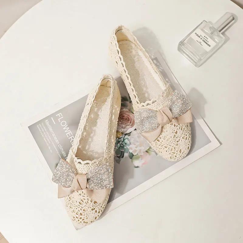 Fashion Women's Flat Shoes Net Hollow With Bow Heel Slip On Social Elegant and Fashionable 39 Quick Delivery Chic Shoe Ladies Footwear