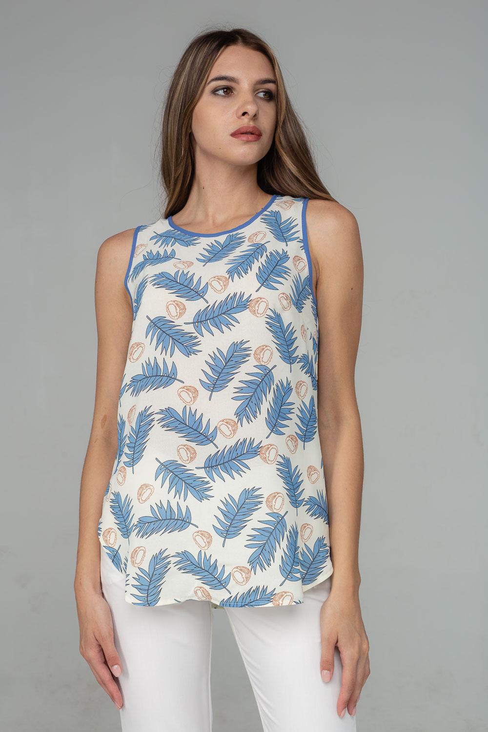 

Блуза в синій листок без рукава 36 beau синього кольору