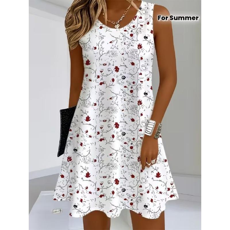 

Women s Cartoon Alphabet Flower Printed Sleeveless Round Neck Dress Loose Soft and Comfortable Plus Size Dress XS белый