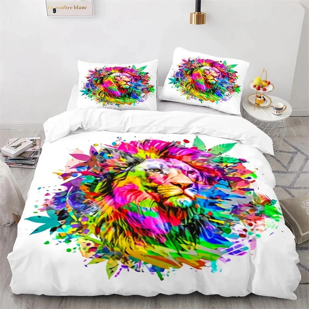 Lion Duvet Cover Set 3D Print Wild Animals Colourful King Queen Size for Kids Teens Adults Bedding Set Polyester Comforter Cover