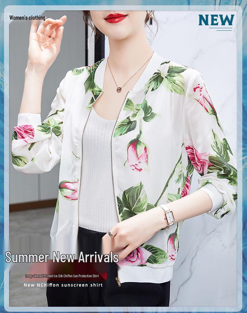 2026 Summer Women's Chiffon Long Sleeve Cardigan: Elegant Printed Design for Middle-aged & Elderly