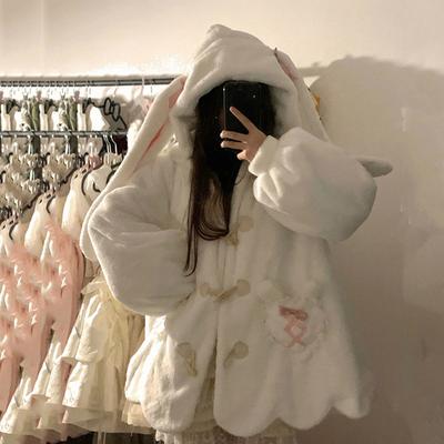Weißes Kawaii Plüsch Sweatshirt Jacke Lässig Warm Hasenohren Kapuzenpullover Damen Herbst Winter Niedliche Schleife Sweatshirts Mäntel