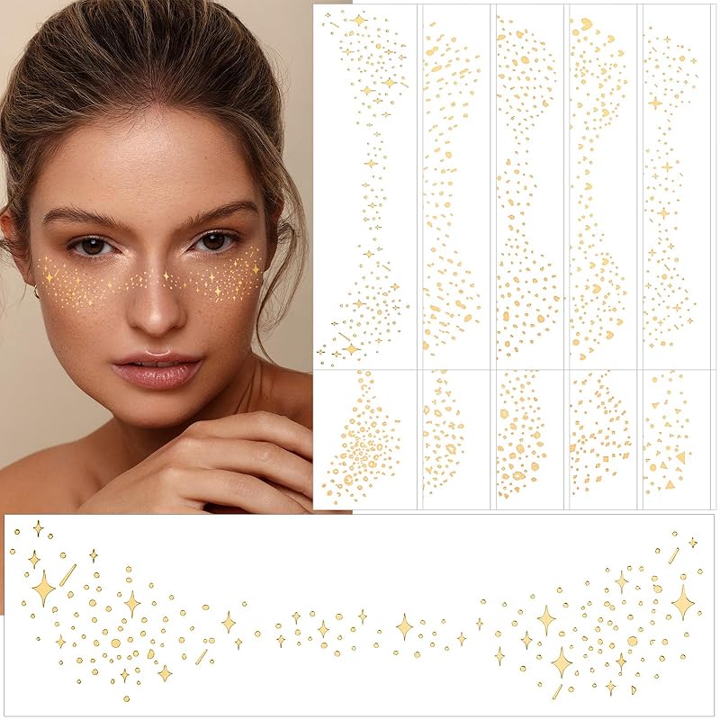 JUNEBRUSHS Glitter Freckles Face Tattoo, 20 Sheets Gold Glow Up Face Makeup Speckles Water-Repellent Freckles Metallic Tattoo Stickers Cute Glitter Sparkle Freckle Style