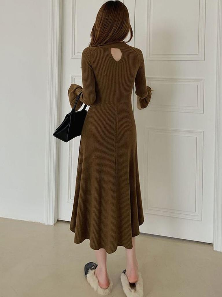 Women's Knitted Dress Long Sleeves Half Turtleneck Sweater Dress Hollow Fashion Clothing Autumn Winter