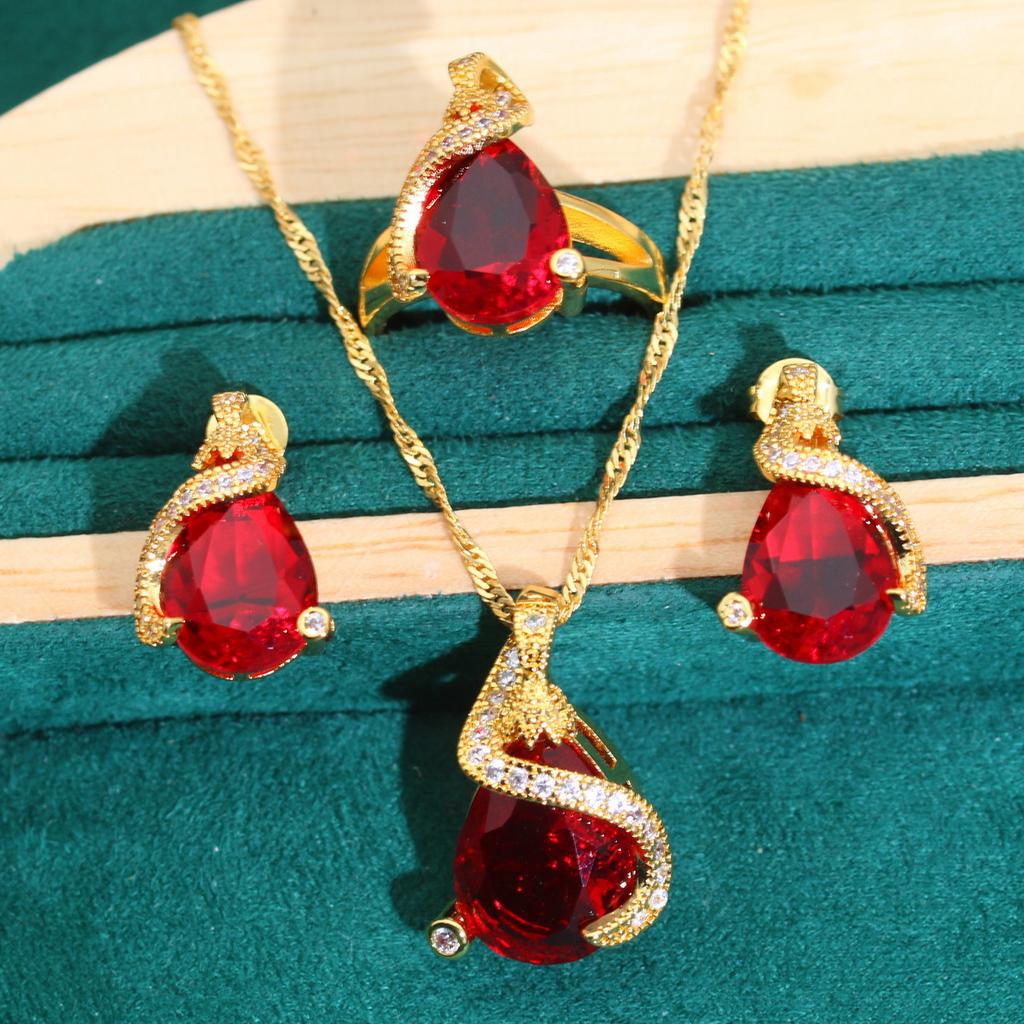 Micro Inlaid Jewelry Anti Allergic Zircon Necklace Earring Ring Gold Jewelry Set