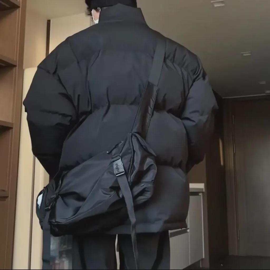 Men's Winter Black Embroidered Cotton Jacket: Thick, Soft, Stand-Up Collar, Loose-Fit.