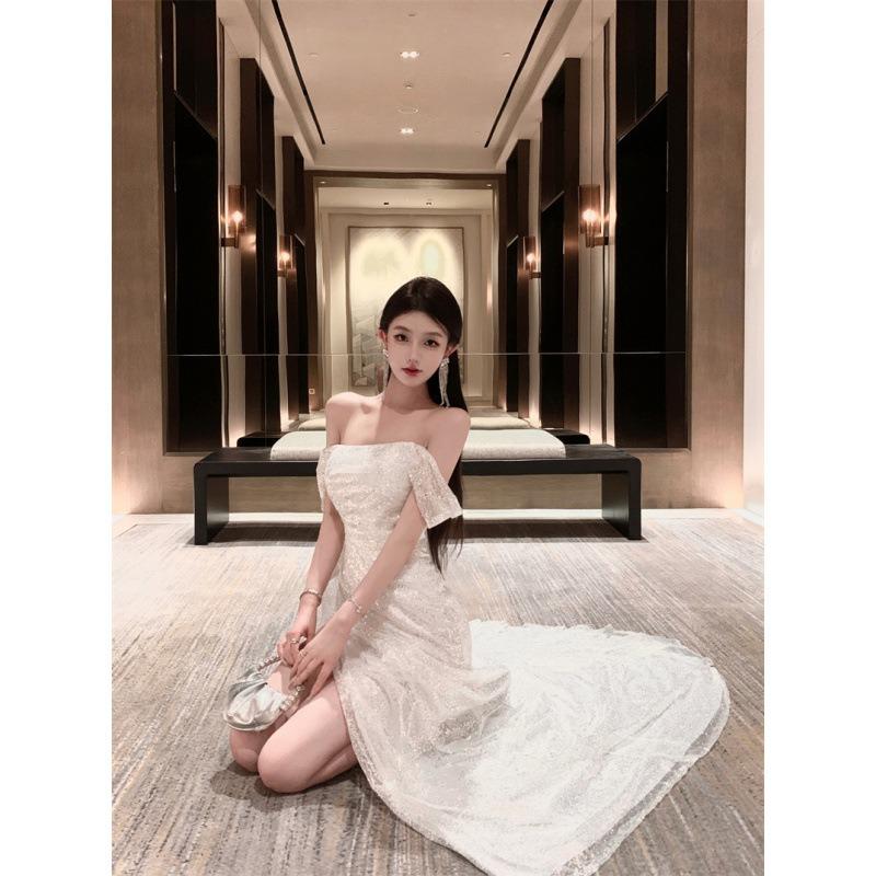 One-word Shoulder Light Luxury Evening Dress Skirt Women's High-end Sense Banquet Temperament Socialite Host High-end Niche Super Flash