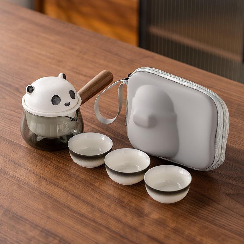 

Panda side handle, a pot of three cups of travel tea set, light luxury, modern suet jade porcelain, business commemorative gift