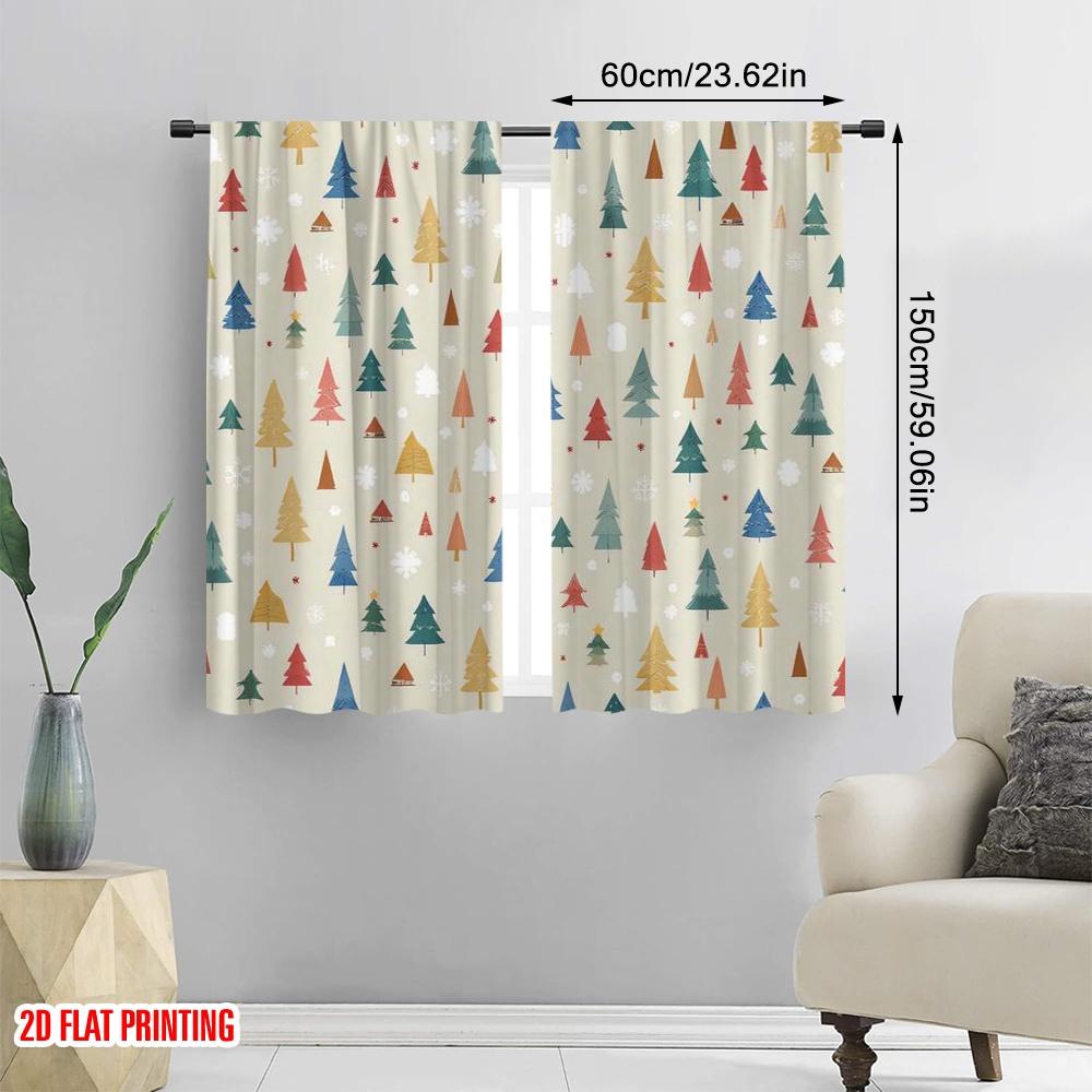 2pcs 2D flat printing Merry Christmas Curtain Forest and Snow Durable 100% Polyester Fabric Without Electricity Festive Holiday