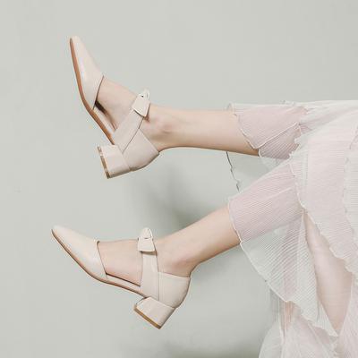 Simple Single Shoes Soft Leather Pointed Thick Heel Height 4cm Fashionable Royal Sister Jeans with New Summer Sandals