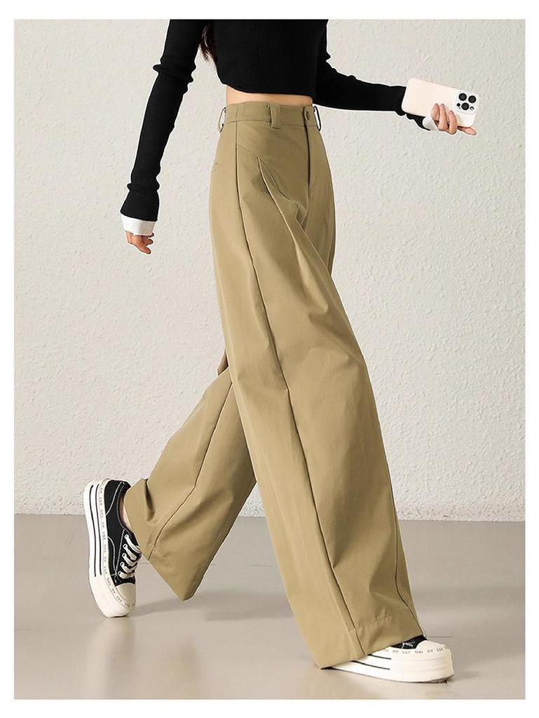 Women's High-Waisted Khaki Wide-Leg Pants with Side Pleats - Slimming, Trendy Fashion for Spring & Autumn 2025