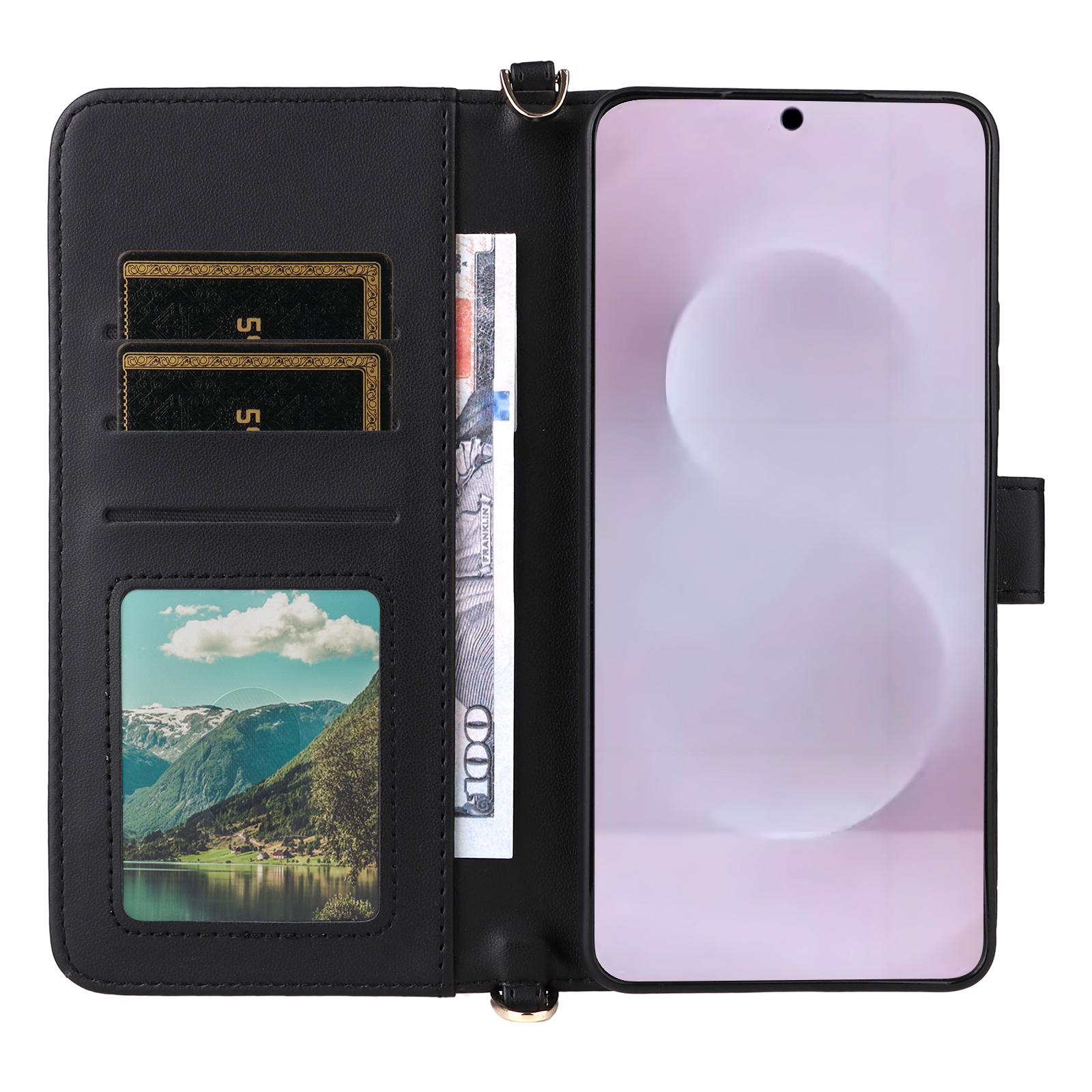 

For Samsung Galaxy S25 Edge Wallet Case with Shoulder/Wrist Strap Leather Phone Cover Stand Pink